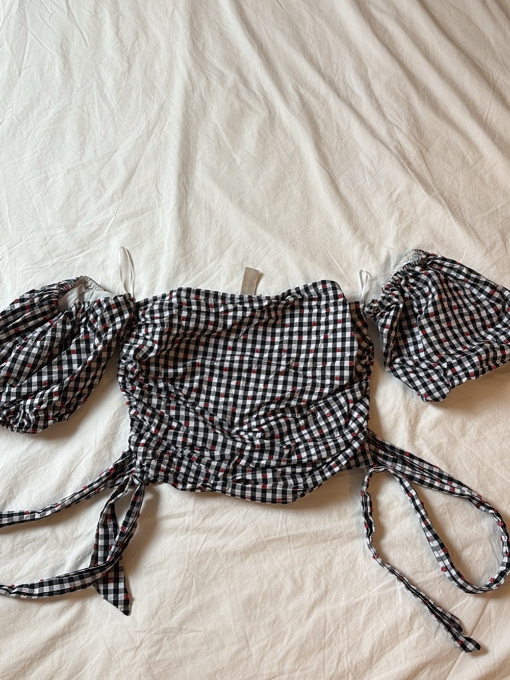 Anthropologie Gingham Off-Shoulder Puff Sleeve Crop Top -
